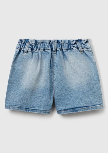  Kız Çocuk Açık Denim Logolu Taş Yıkama Beli Lastikli Streç Denim Şort