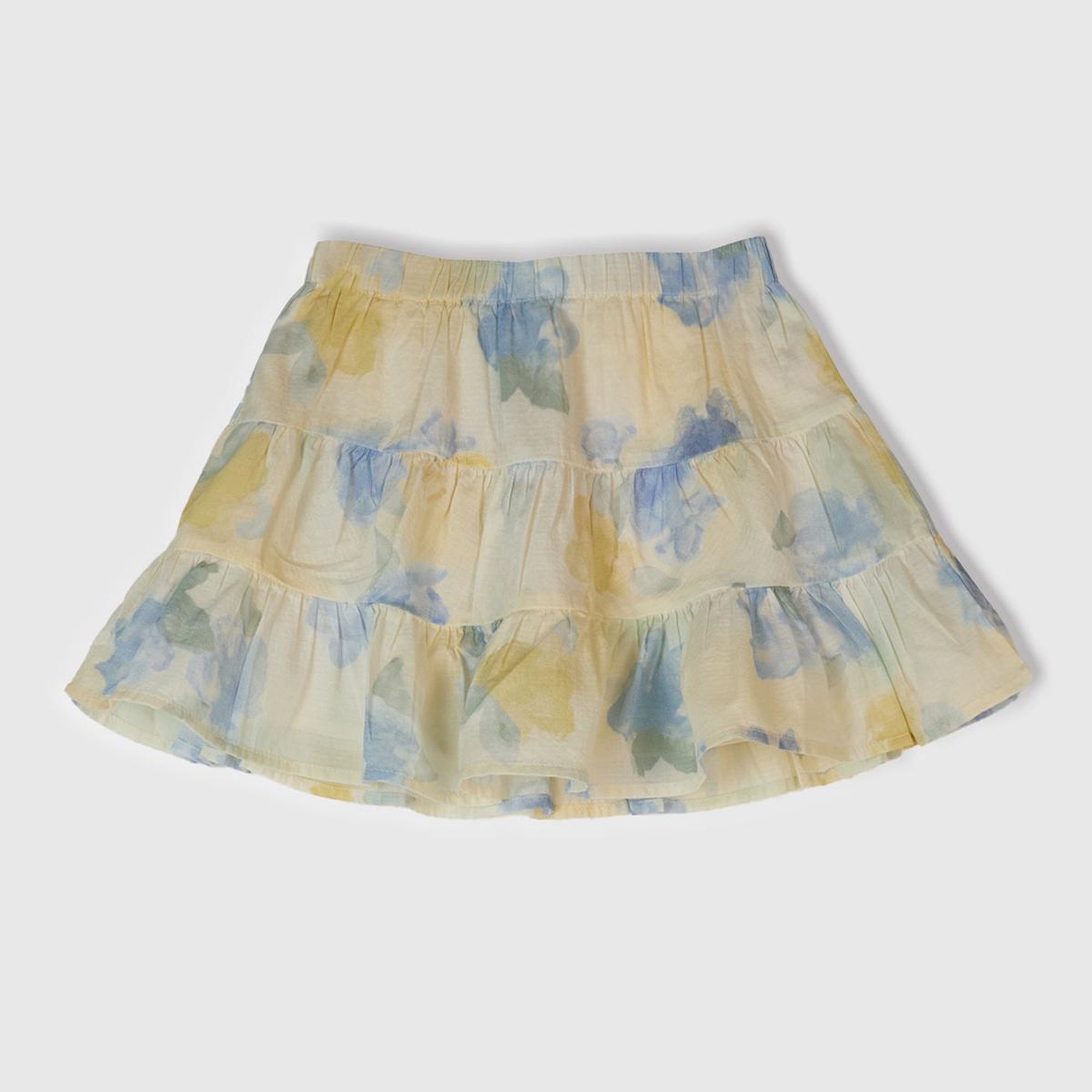 Kız Çocuk Sarı Mavi Tamamı Desenli Beli Lastikli Katlı Etek