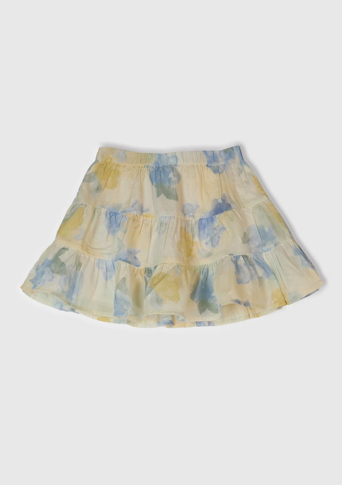  Kız Çocuk Sarı Mavi Tamamı Desenli Beli Lastikli Katlı Etek