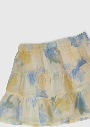  Kız Çocuk Sarı Mavi Tamamı Desenli Beli Lastikli Katlı Etek