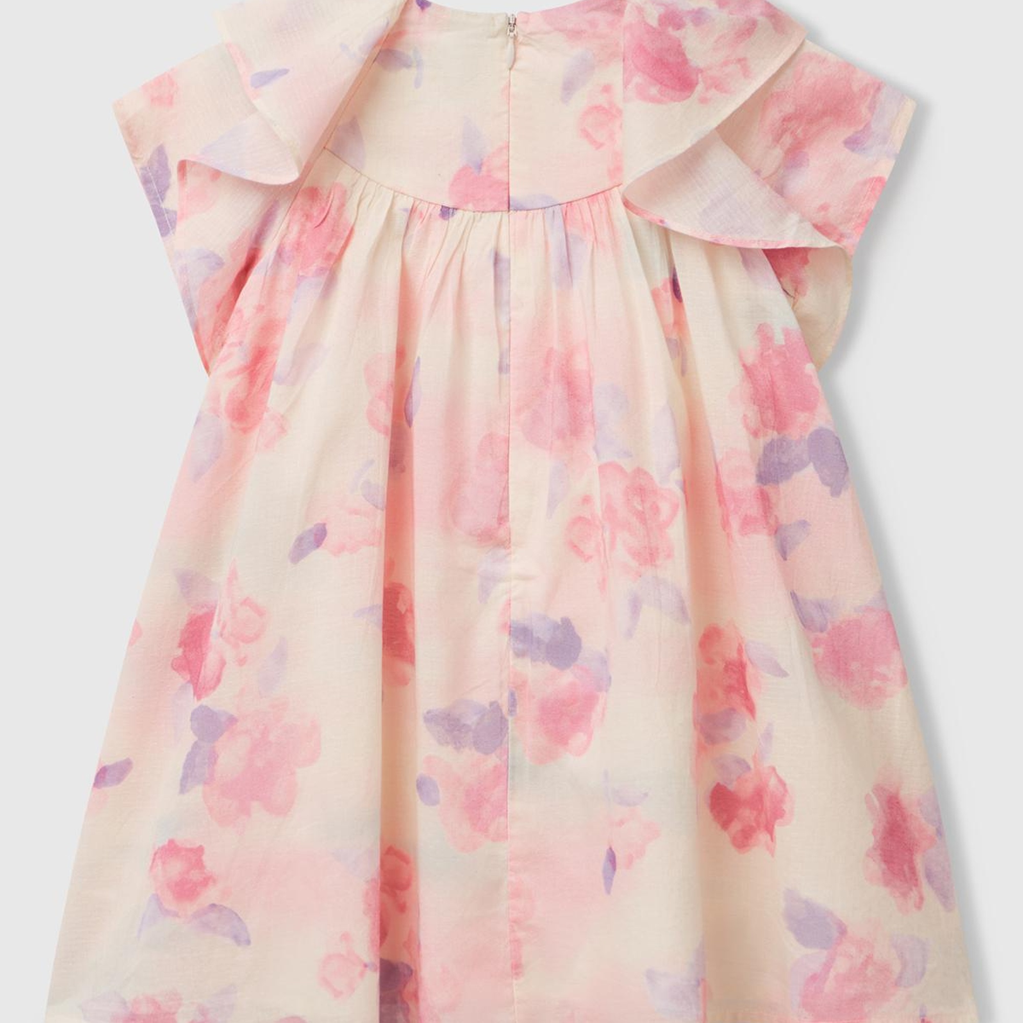 Kız Çocuk Pembe Mix Tamamı Desenli Omzu Fırfır Detaylı Müslin Elbise