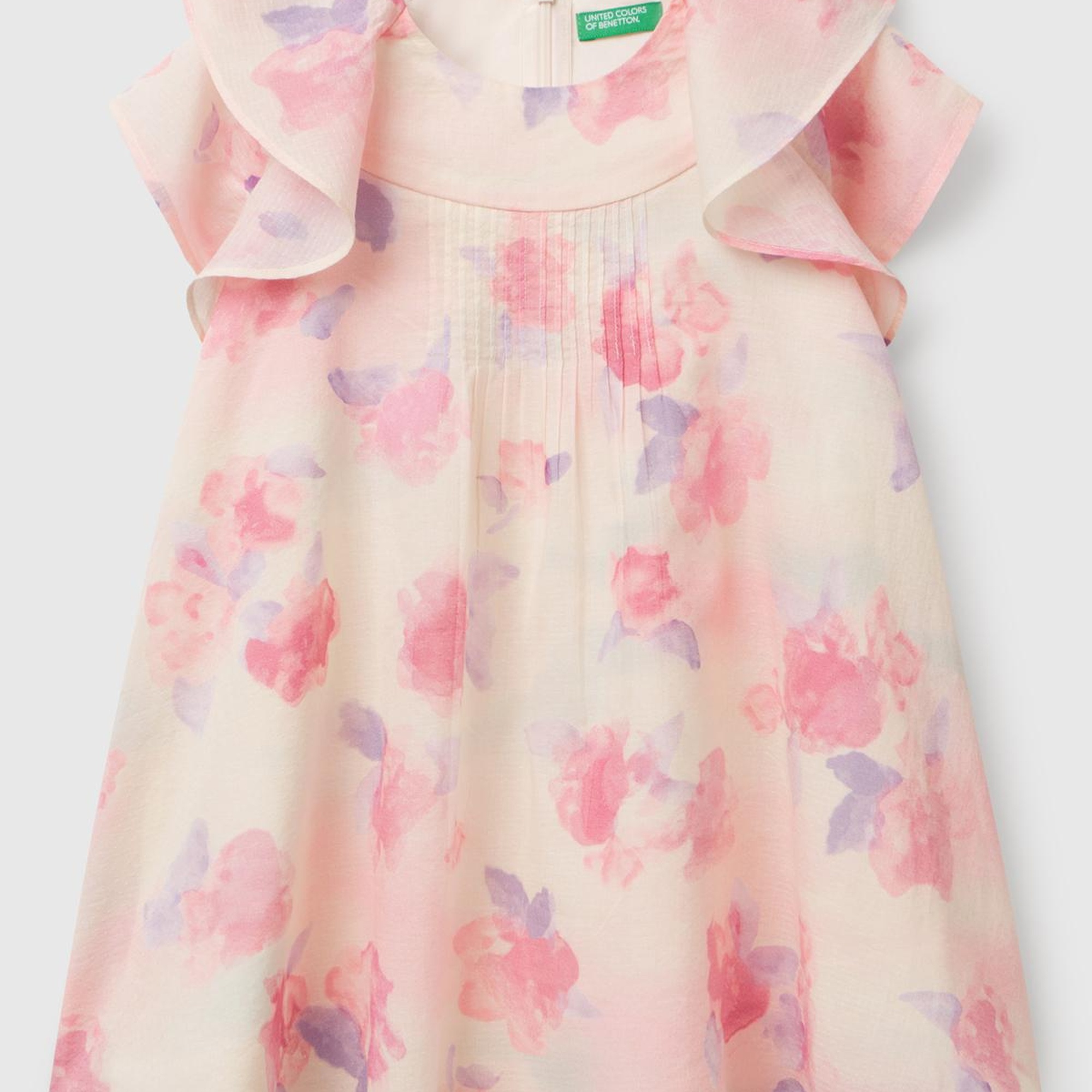 Kız Çocuk Pembe Mix Tamamı Desenli Omzu Fırfır Detaylı Müslin Elbise