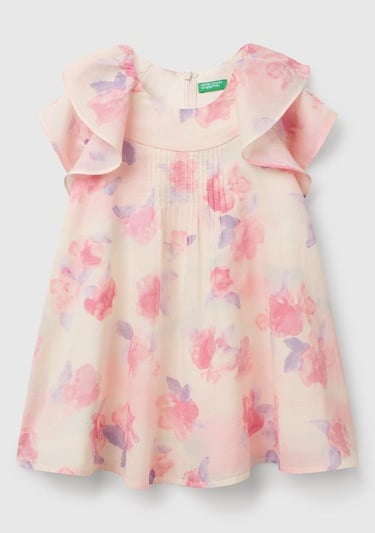  Kız Çocuk Pembe Mix Tamamı Desenli Omzu Fırfır Detaylı Müslin Elbise