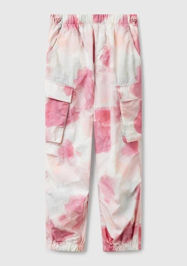  Kız Çocuk Pembe Mix Tamamı Desenli Beli Lastikli Kapak Cepli Paraşüt Pantolon