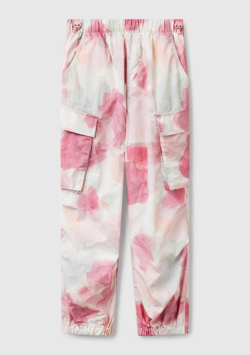  Kız Çocuk Pembe Mix Tamamı Desenli Beli Lastikli Kapak Cepli Paraşüt Pantolon