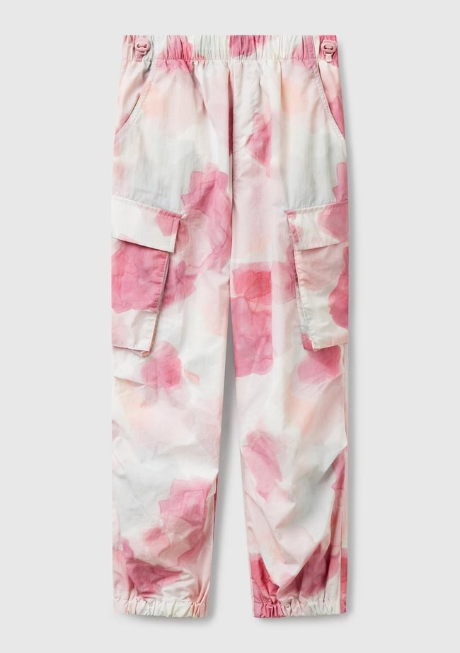  Kız Çocuk Pembe Mix Tamamı Desenli Beli Lastikli Kapak Cepli Paraşüt Pantolon