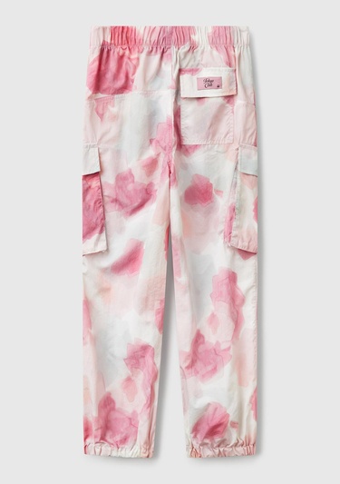  Kız Çocuk Pembe Mix Tamamı Desenli Beli Lastikli Kapak Cepli Paraşüt Pantolon