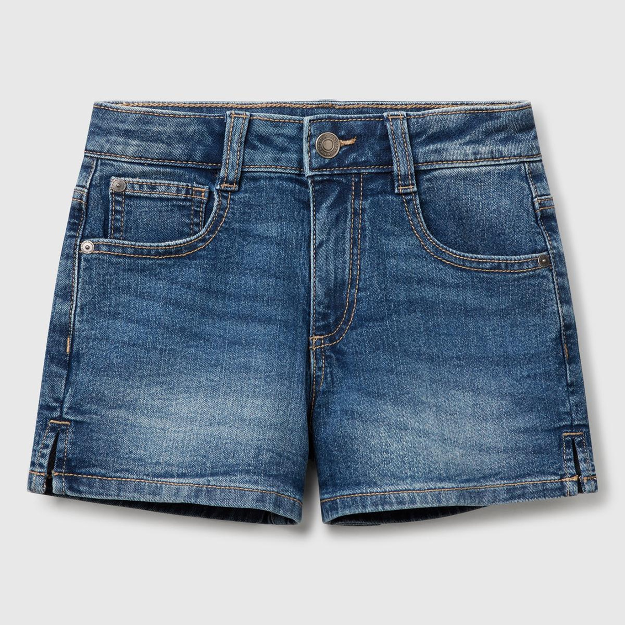 Kız Çocuk Koyu Denim Taş Yıkama Logo İşlemeli Streç Denim Şort