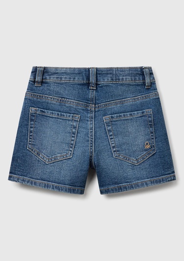  Kız Çocuk Koyu Denim Taş Yıkama Logo İşlemeli Streç Denim Şort