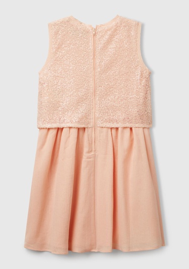  Kız Çocuk Yavruağzı Üstü Pullu Kumaşlı Astarlı Pileli Tül Etekli Kolsuz Elbise