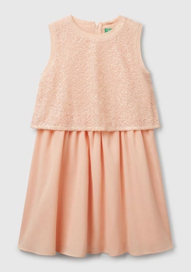  Kız Çocuk Yavruağzı Üstü Pullu Kumaşlı Astarlı Pileli Tül Etekli Kolsuz Elbise