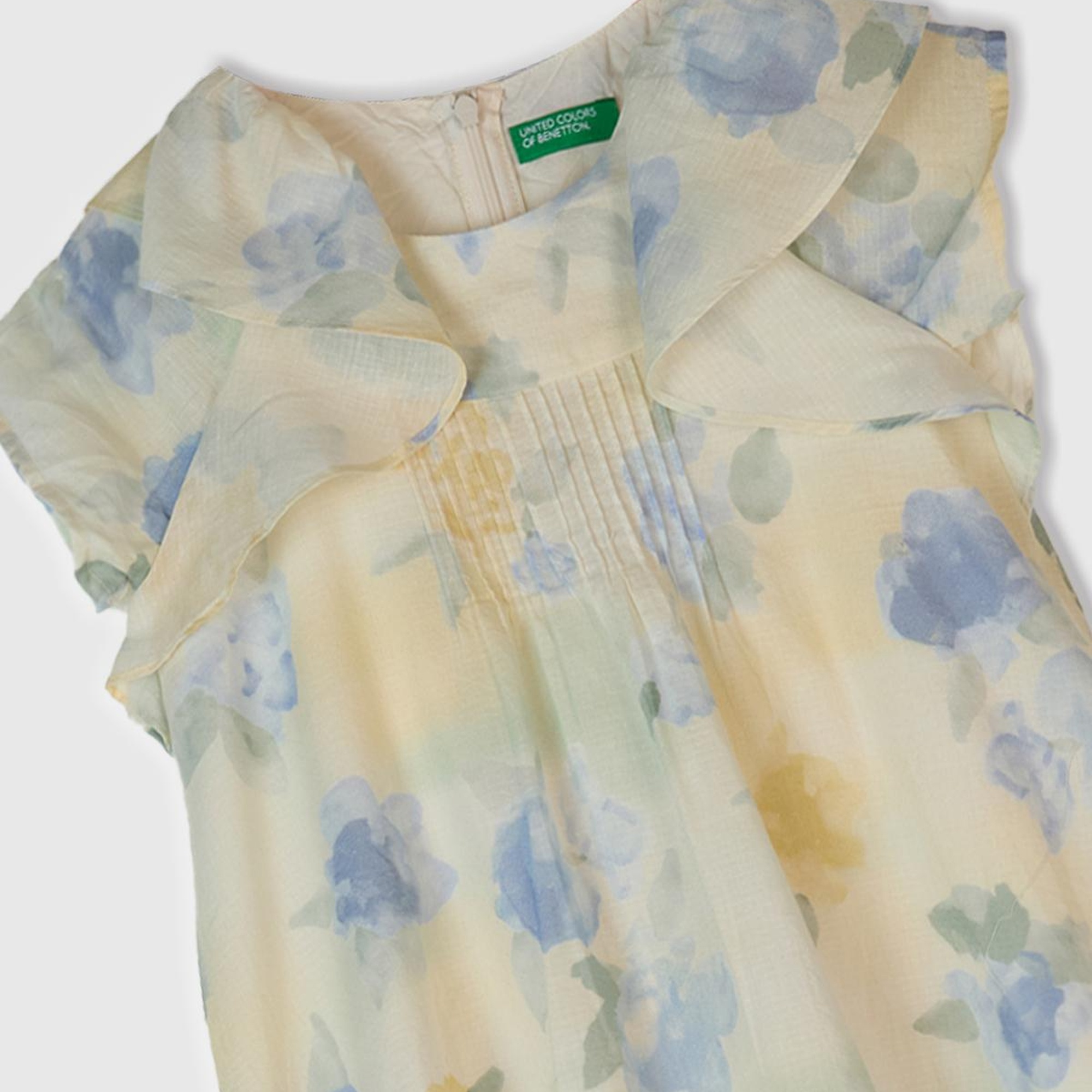 Kız Çocuk Sarı Mavi Tamamı Desenli Omzu Fırfır Detaylı Müslin Elbise