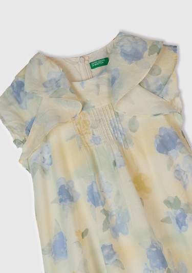  Kız Çocuk Sarı Mavi Tamamı Desenli Omzu Fırfır Detaylı Müslin Elbise