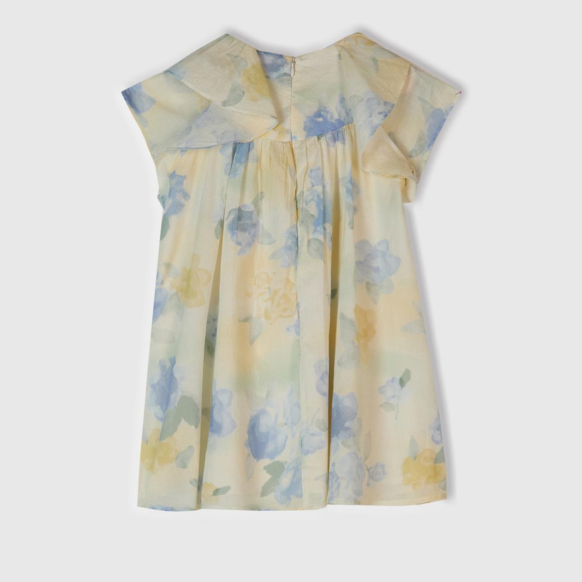 Kız Çocuk Sarı Mavi Tamamı Desenli Omzu Fırfır Detaylı Müslin Elbise