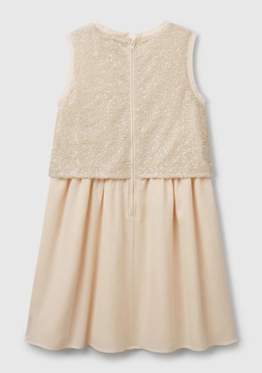  Kız Çocuk Ekru Üstü Pullu Kumaşlı Astarlı Pileli Tül Etekli Kolsuz Elbise