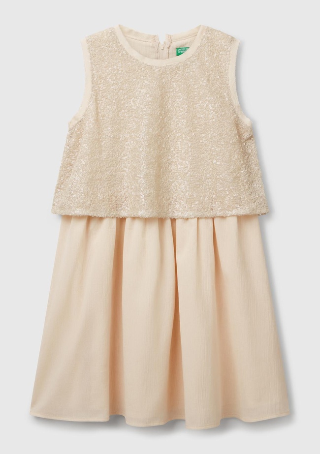  Kız Çocuk Ekru Üstü Pullu Kumaşlı Astarlı Pileli Tül Etekli Kolsuz Elbise