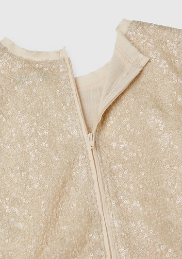  Kız Çocuk Ekru Üstü Pullu Kumaşlı Astarlı Pileli Tül Etekli Kolsuz Elbise