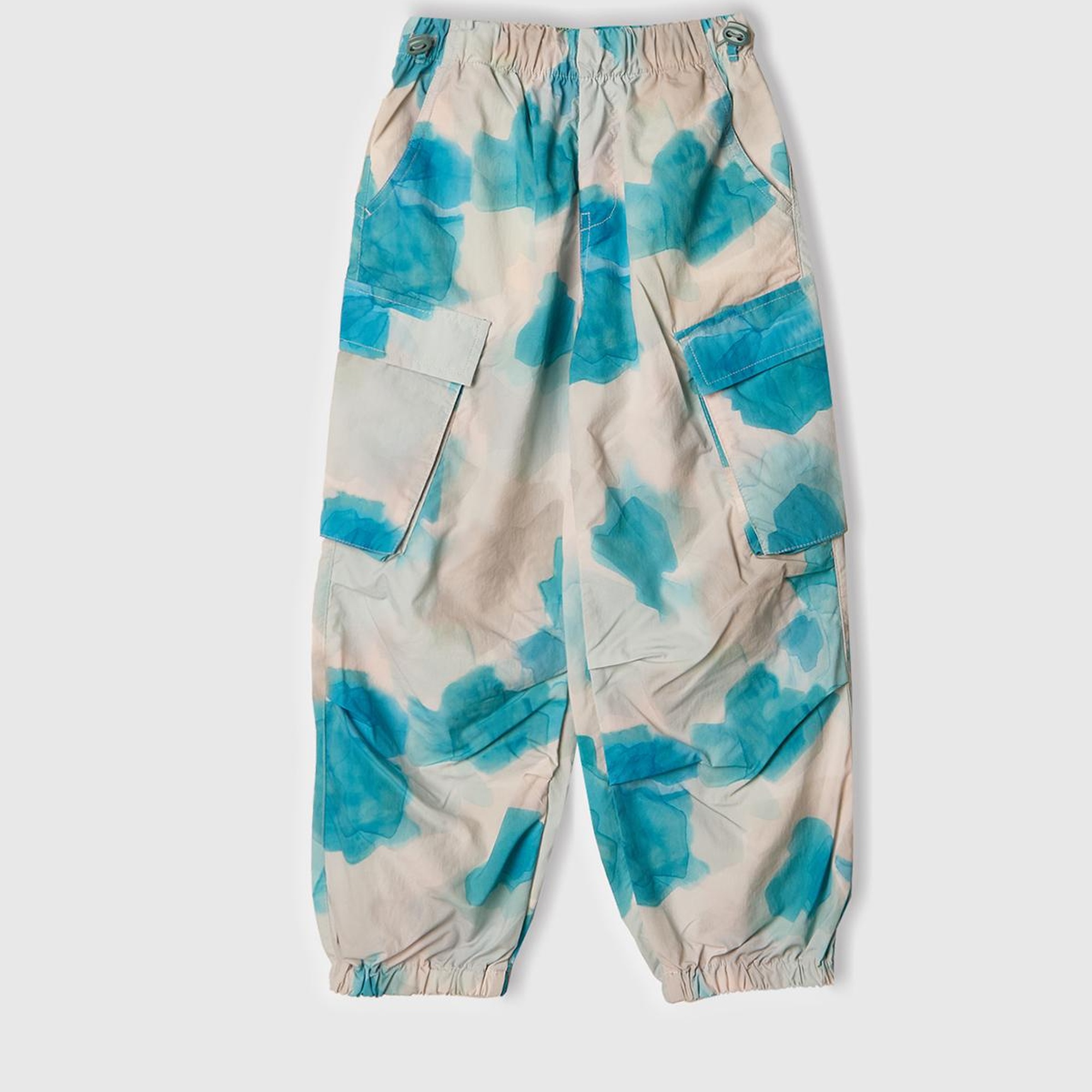 Kız Çocuk Mavi Mix Tamamı Desenli Beli Lastikli Kapak Cepli Paraşüt Pantolon