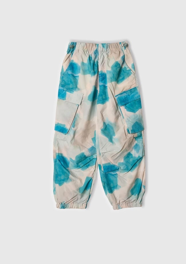  Kız Çocuk Mavi Mix Tamamı Desenli Beli Lastikli Kapak Cepli Paraşüt Pantolon