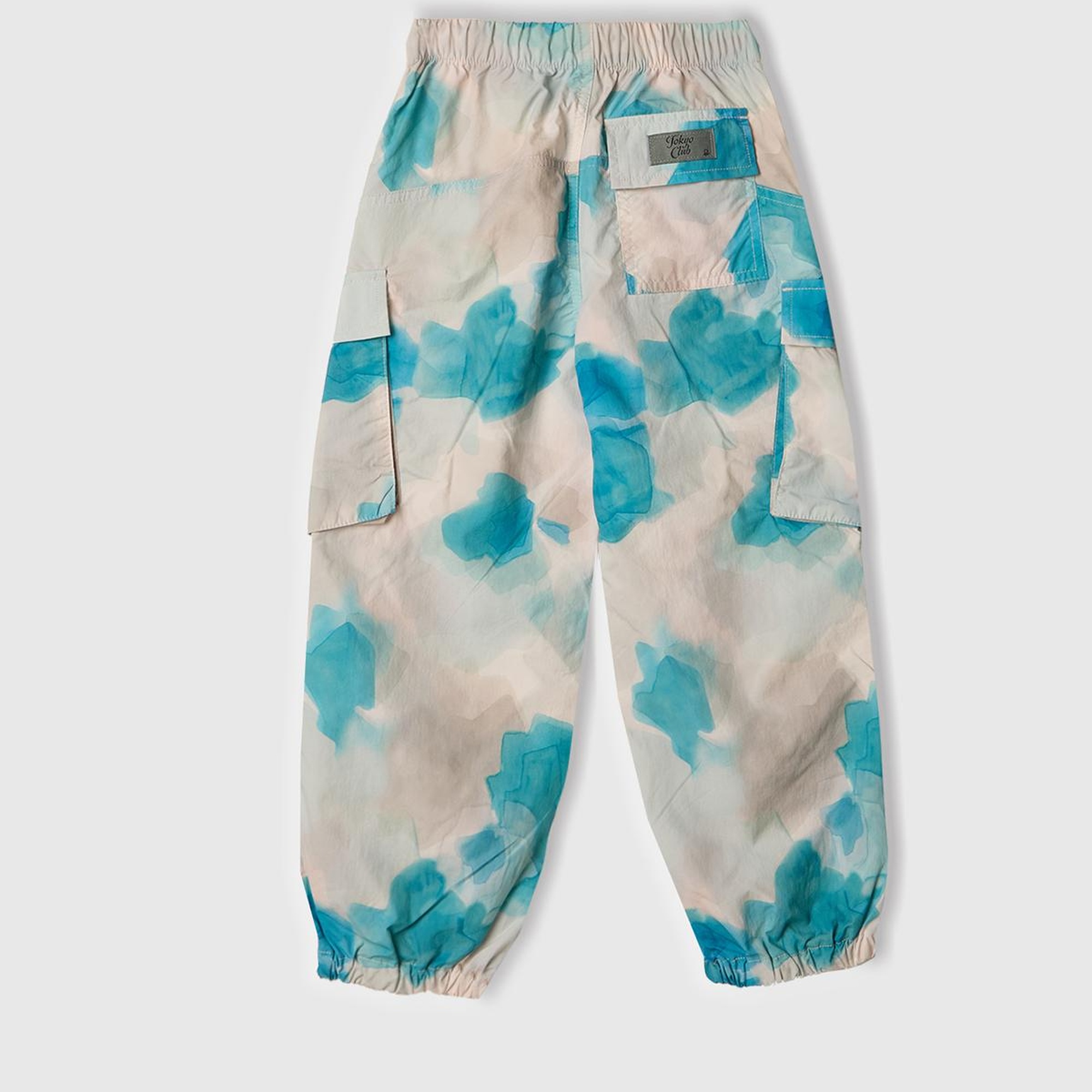 Kız Çocuk Mavi Mix Tamamı Desenli Beli Lastikli Kapak Cepli Paraşüt Pantolon