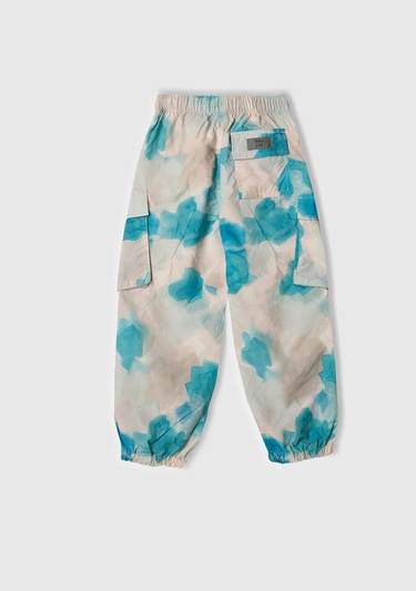  Kız Çocuk Mavi Mix Tamamı Desenli Beli Lastikli Kapak Cepli Paraşüt Pantolon