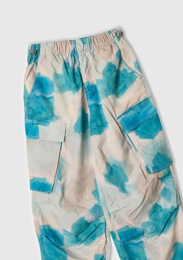  Kız Çocuk Mavi Mix Tamamı Desenli Beli Lastikli Kapak Cepli Paraşüt Pantolon