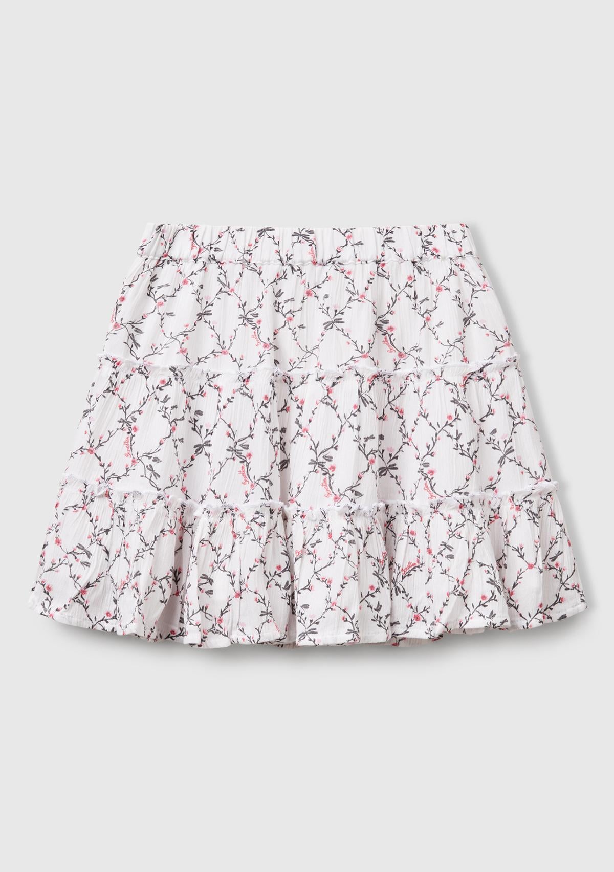  Kız Çocuk Beyaz Mix Viskozlu Tamamı Baskılı Krep Katlı Etek