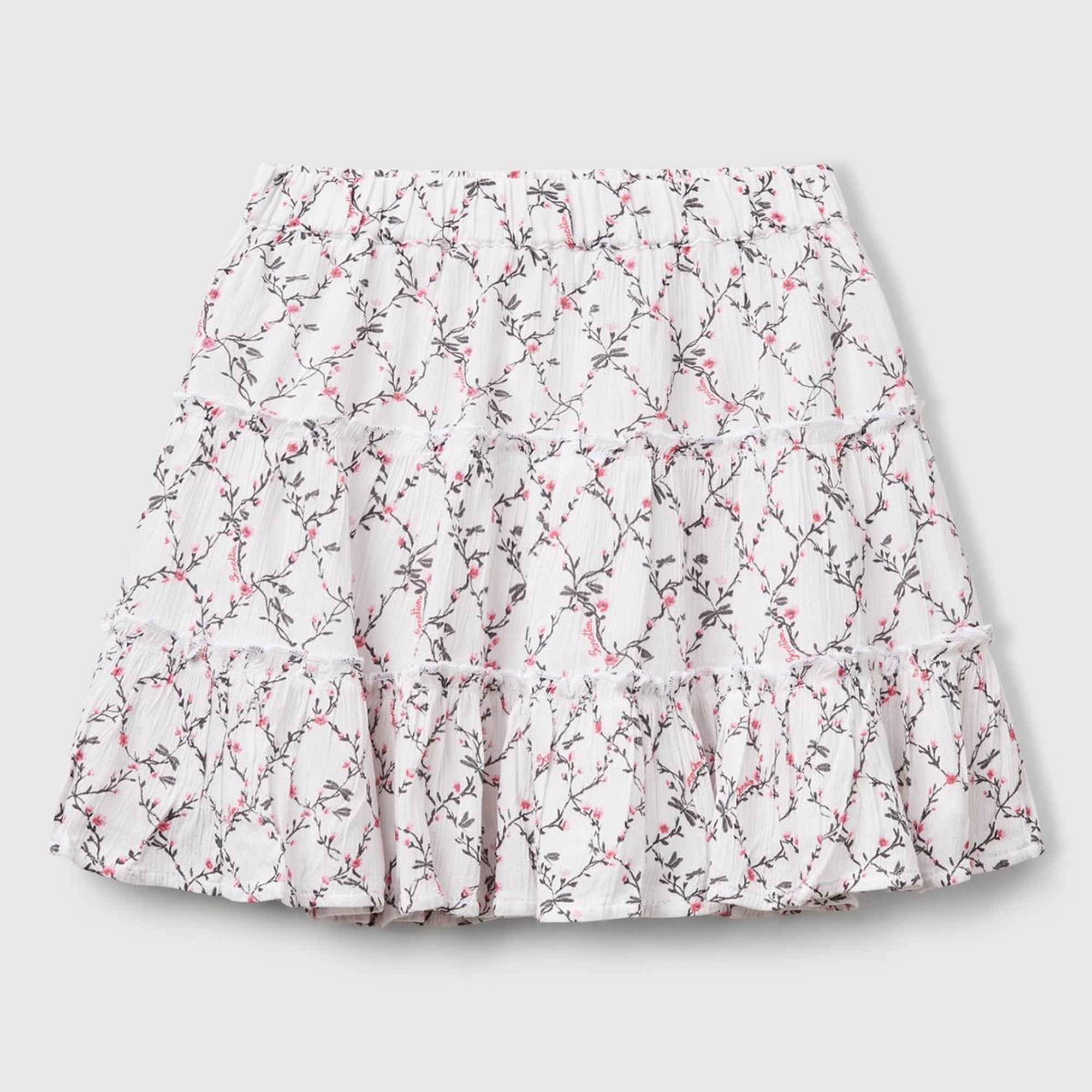 Kız Çocuk Beyaz Mix Viskozlu Tamamı Baskılı Krep Katlı Etek