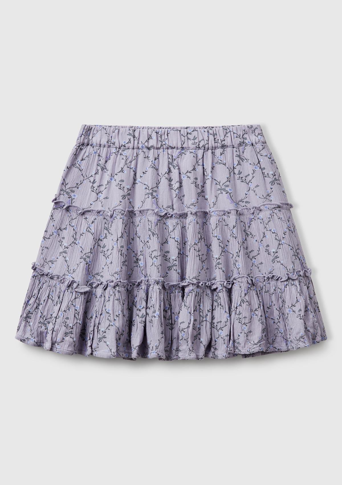  Kız Çocuk Mor Viskozlu Tamamı Baskılı Krep Katlı Etek