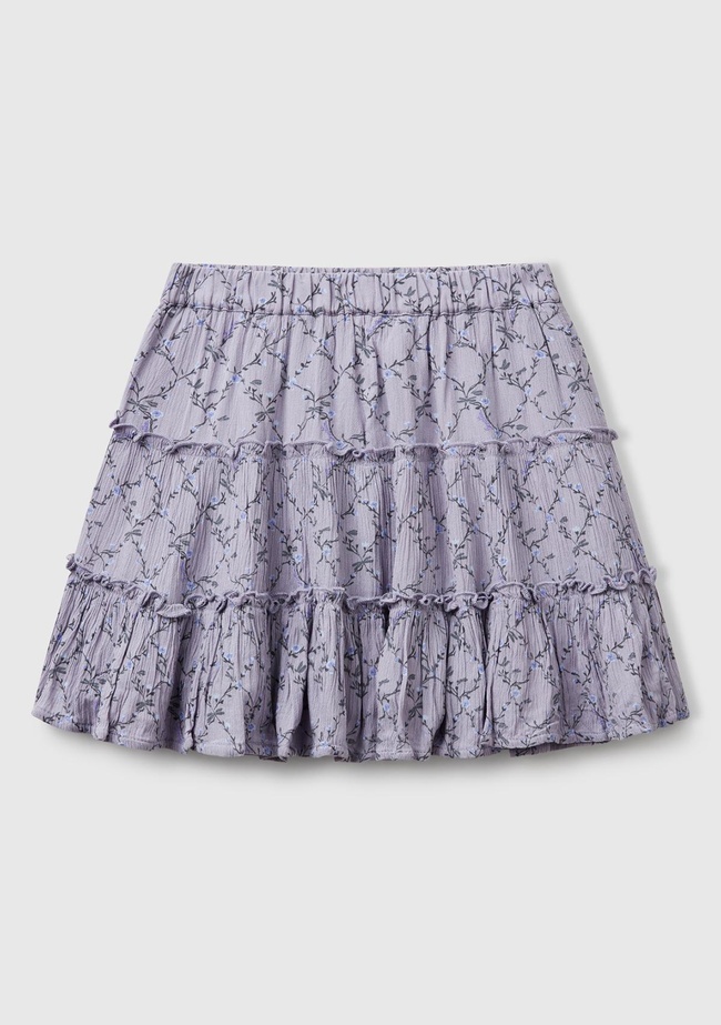  Kız Çocuk Mor Viskozlu Tamamı Baskılı Krep Katlı Etek