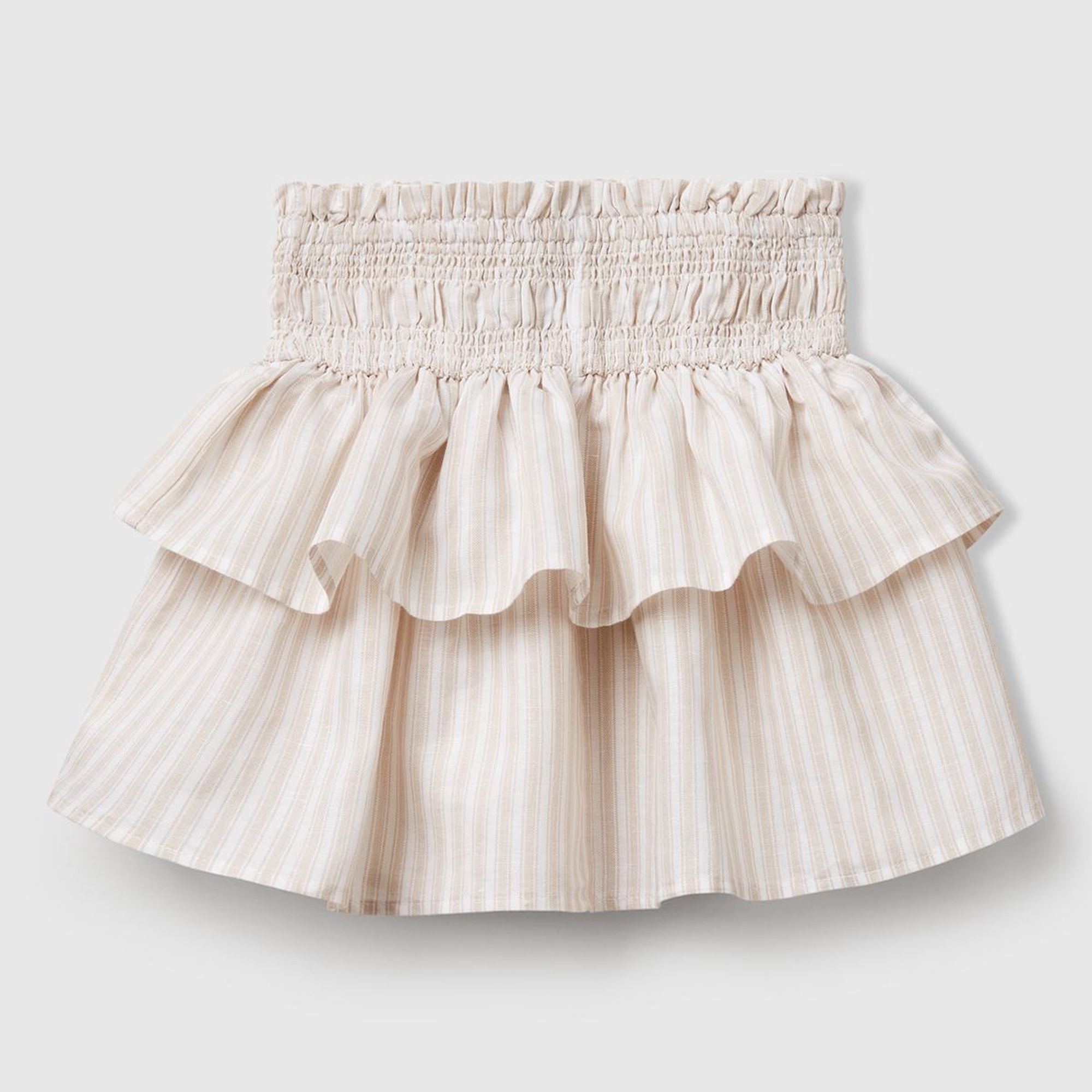 Kız Çocuk Ekru Keten Karışımlı Tamamı Desenli Beli Büzgülü Katlı Etek