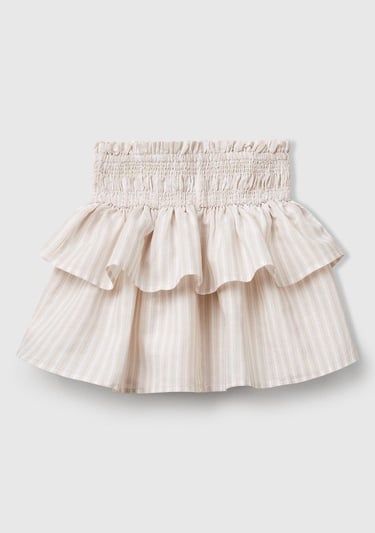  Kız Çocuk Ekru Keten Karışımlı Tamamı Desenli Beli Büzgülü Katlı Etek