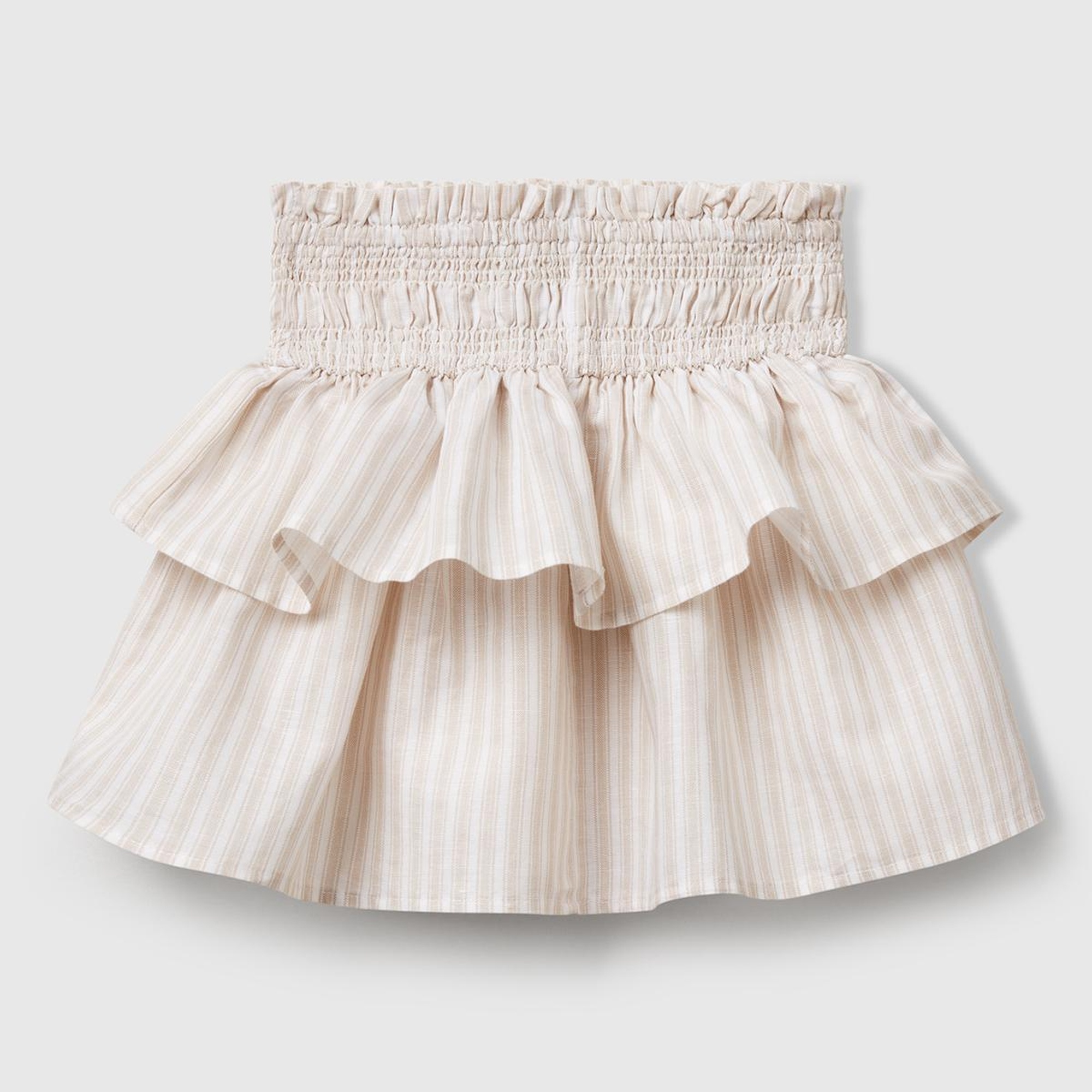 Kız Çocuk Ekru Keten Karışımlı Tamamı Desenli Beli Büzgülü Katlı Etek