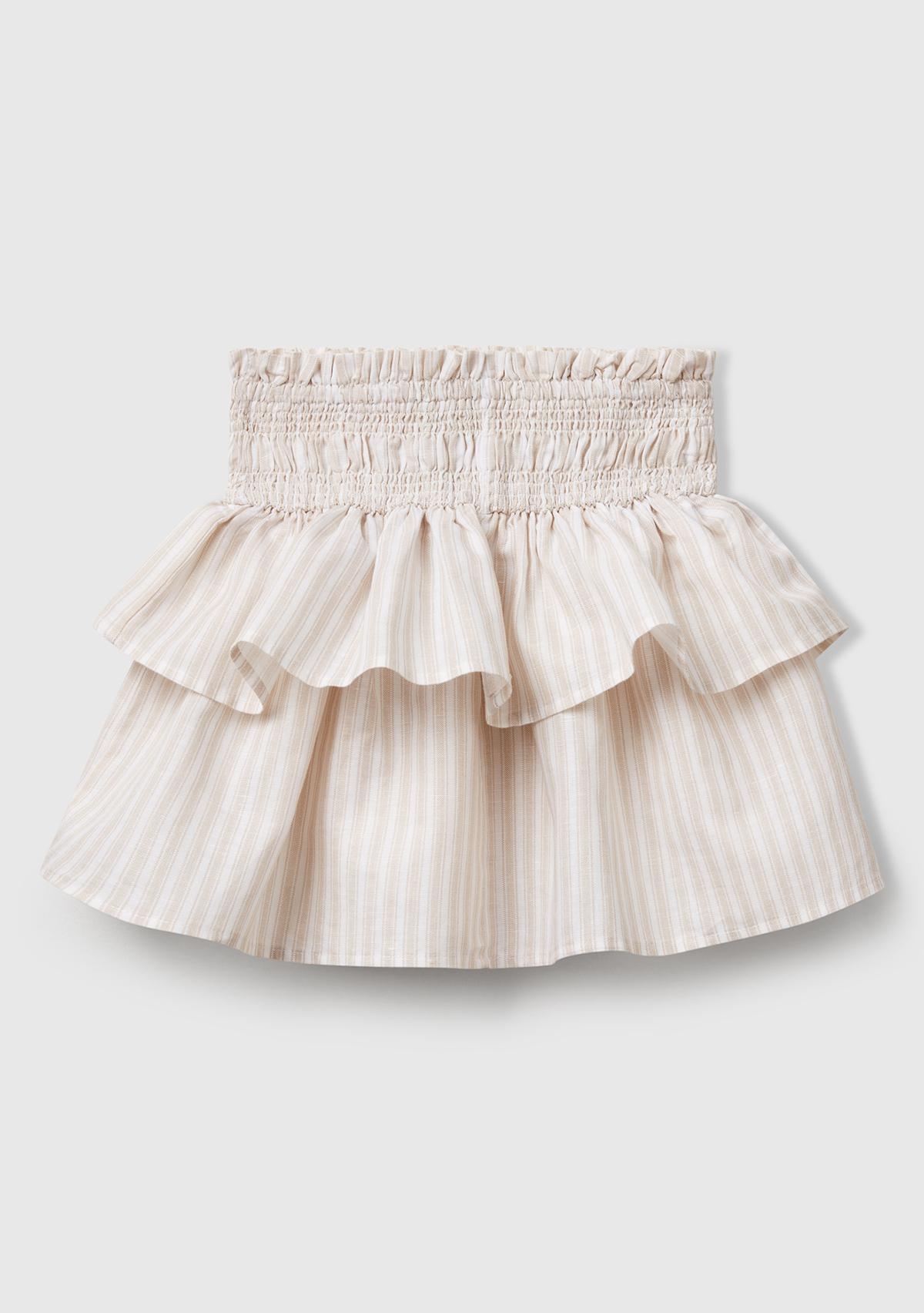  Kız Çocuk Ekru Keten Karışımlı Tamamı Desenli Beli Büzgülü Katlı Etek