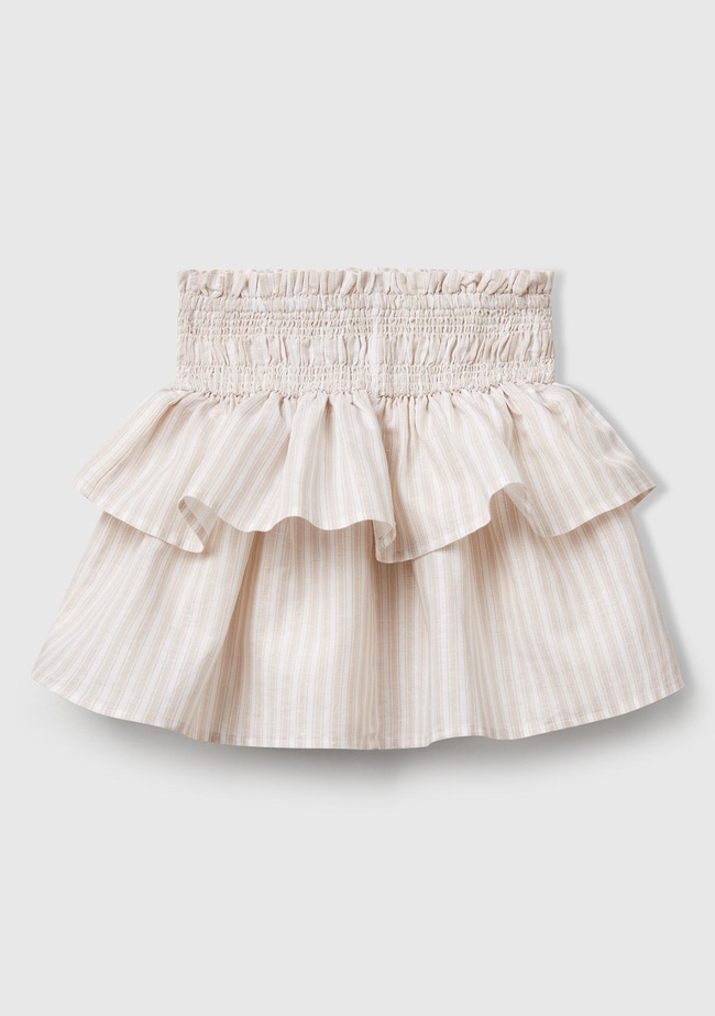  Kız Çocuk Ekru Keten Karışımlı Tamamı Desenli Beli Büzgülü Katlı Etek