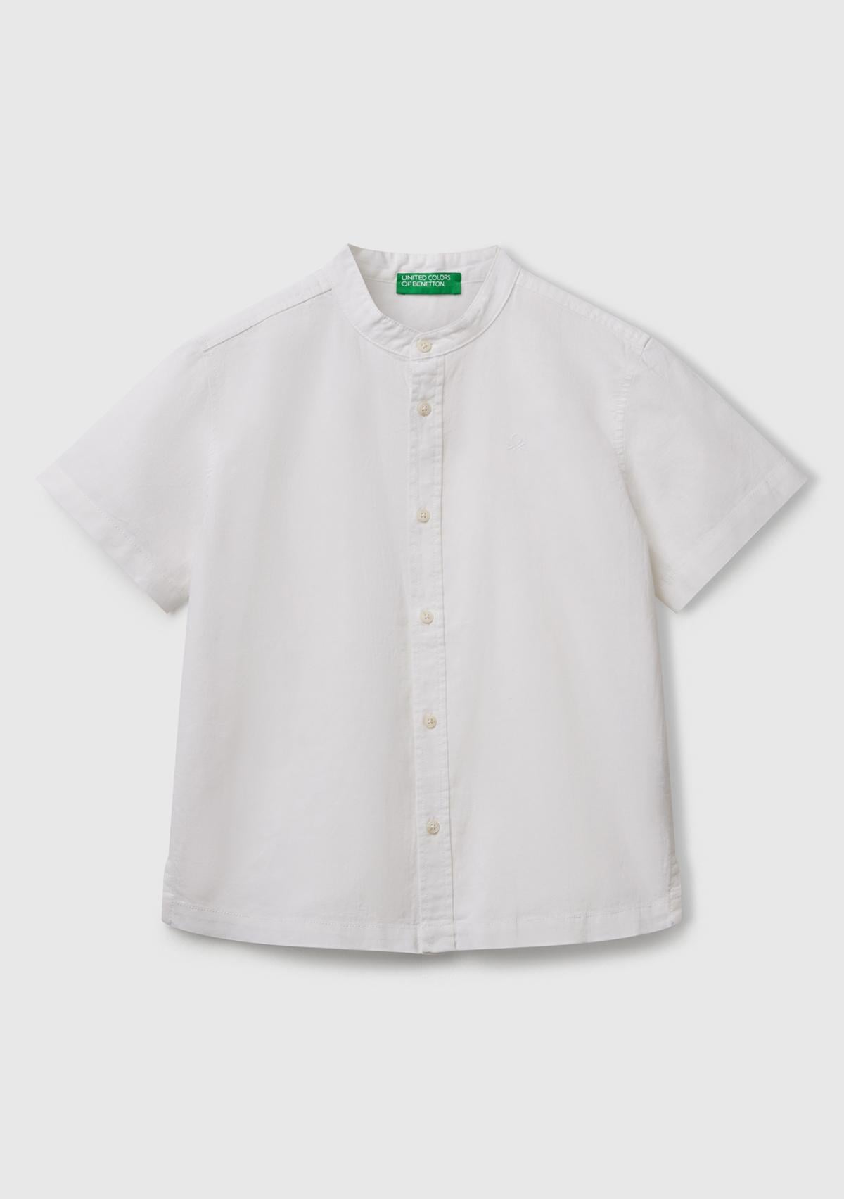  Erkek Çocuk Ekru Keten Karışımlı Hakim Yaka Kısa Kollu Gömlek