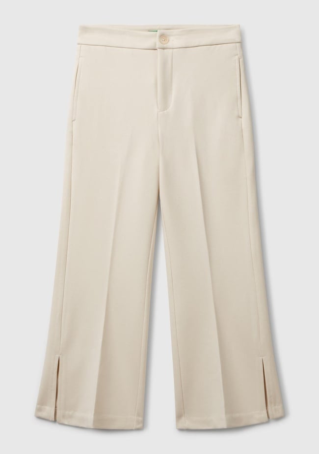  Kız Çocuk Krem Viskoz Karışımlı Yanları Yırtmaçlı Milano Dikişli Pantolon