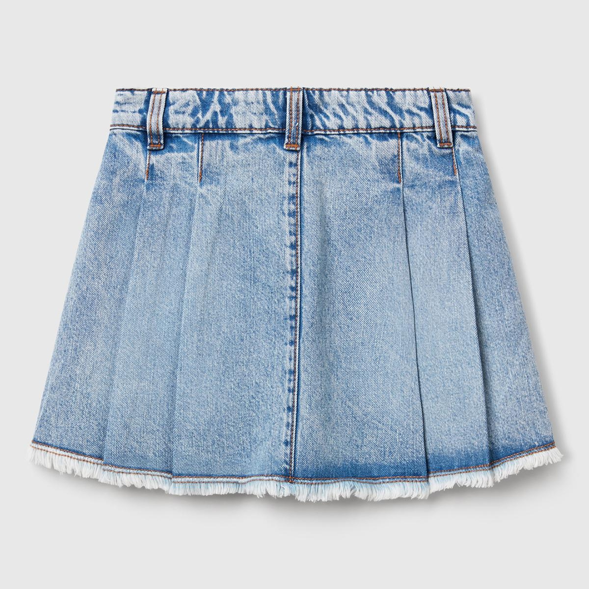 Kız Çocuk Açık Denim Taş Yıkama Logo İşleme Detaylı Pileli Denim Etek