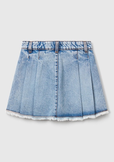  Kız Çocuk Açık Denim Taş Yıkama Logo İşleme Detaylı Pileli Denim Etek