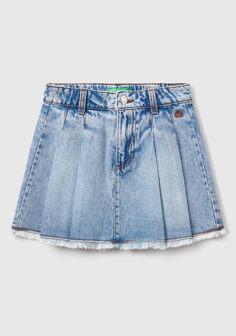  Kız Çocuk Açık Denim Taş Yıkama Logo İşleme Detaylı Pileli Denim Etek