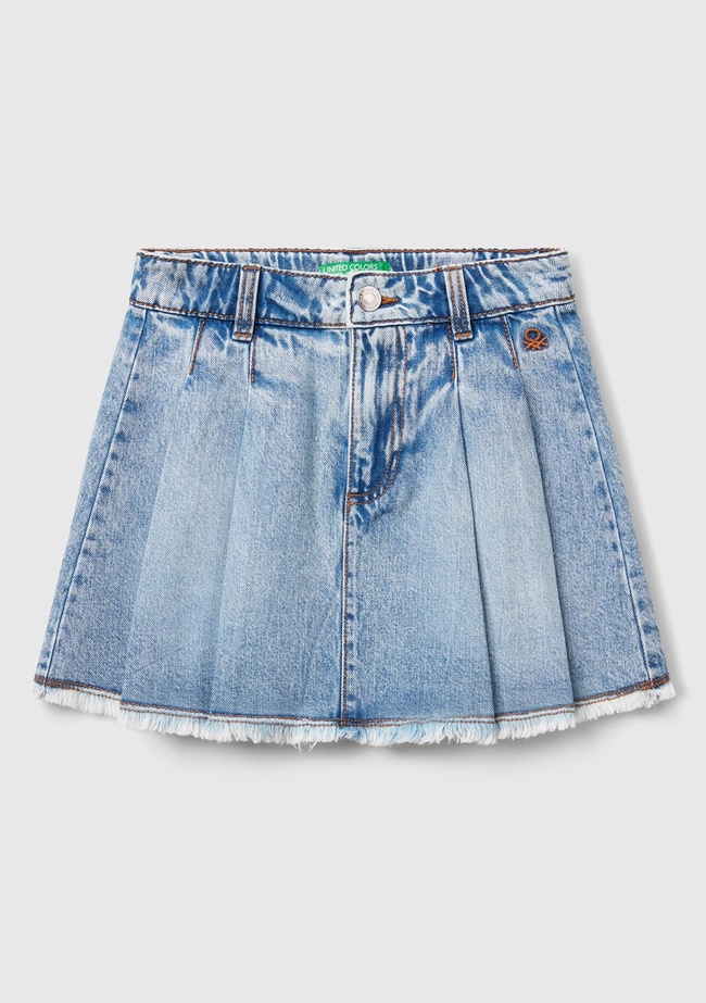  Kız Çocuk Açık Denim Taş Yıkama Logo İşleme Detaylı Pileli Denim Etek