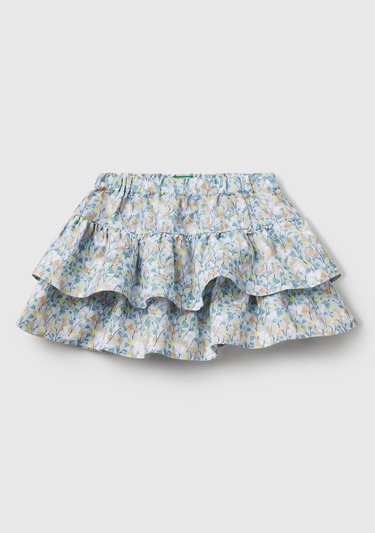  Kız Çocuk Mavi Tamamı Baskılı Beli Lastikli Katlı Etek