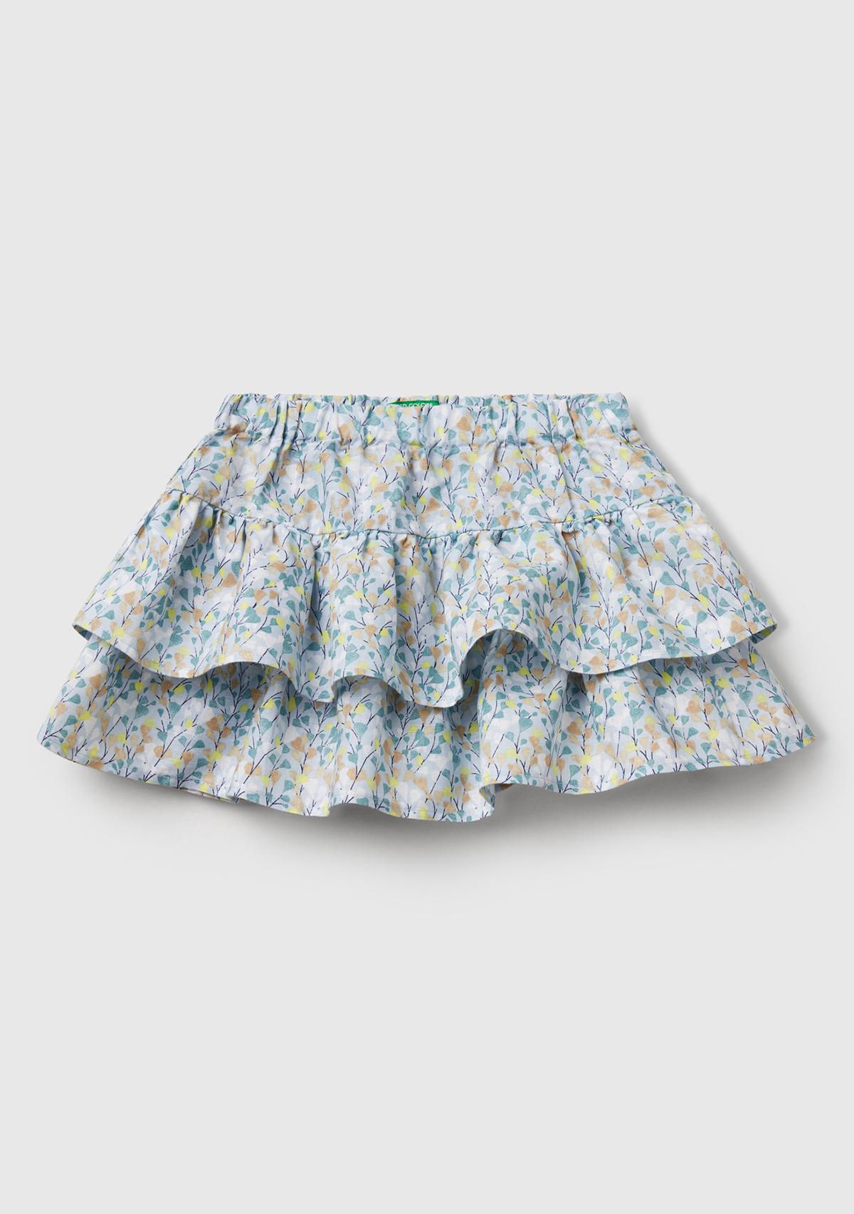  Kız Çocuk Mavi Tamamı Baskılı Beli Lastikli Katlı Etek