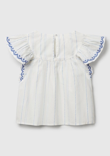  Kız Çocuk Beyaz Çizgili Kolu ve Önü Nakışlı Hafif Kloş Kısa Kollu Gömlek