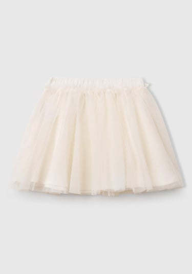  Kız Çocuk Ekru Tül Detaylı Beli Lastikli Pileli Etek