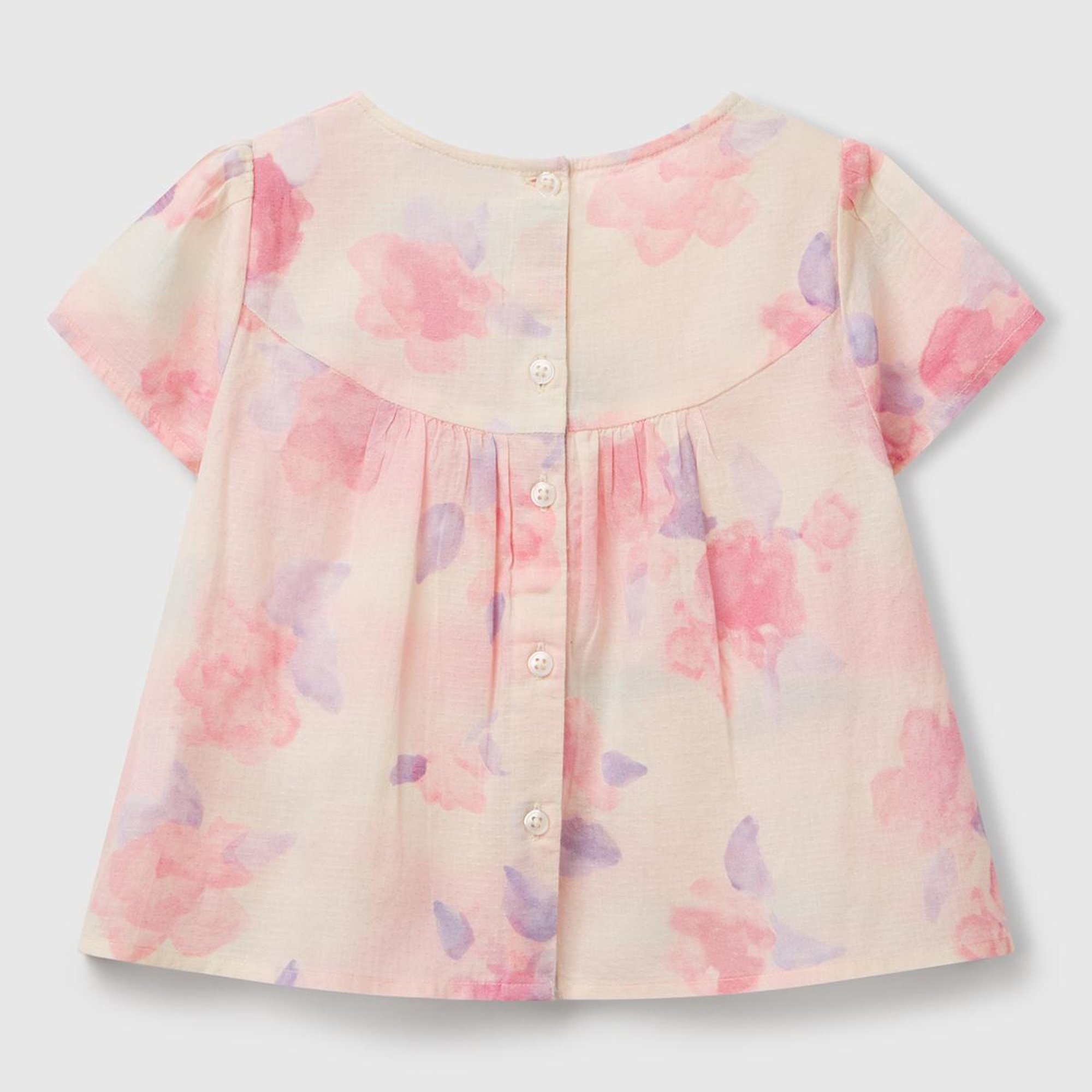 Kız Çocuk Pembe Mix Tamamı Desenli Arkası Düğmeli Pileli Müslin Bluz