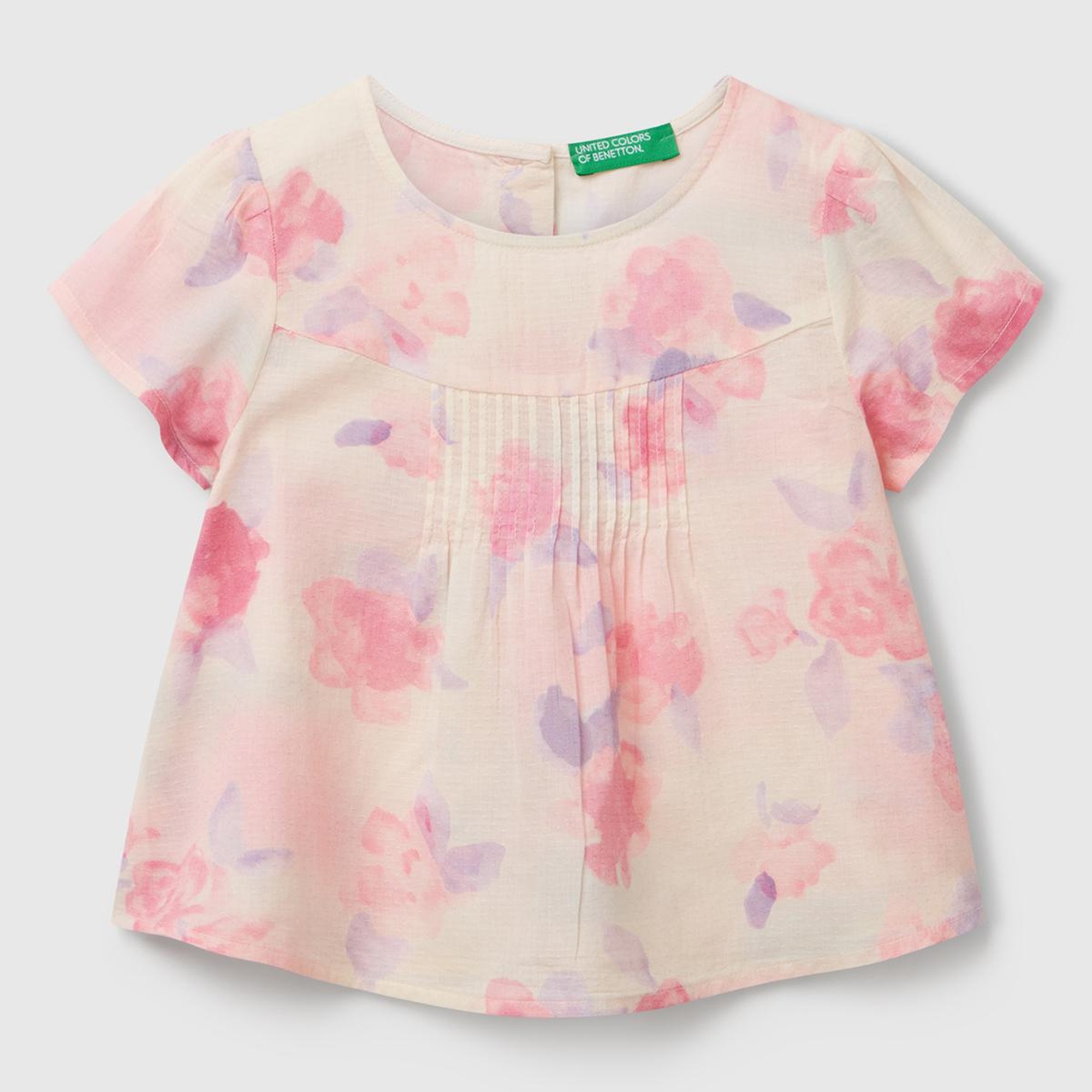 Kız Çocuk Pembe Mix Tamamı Desenli Arkası Düğmeli Pileli Müslin Bluz