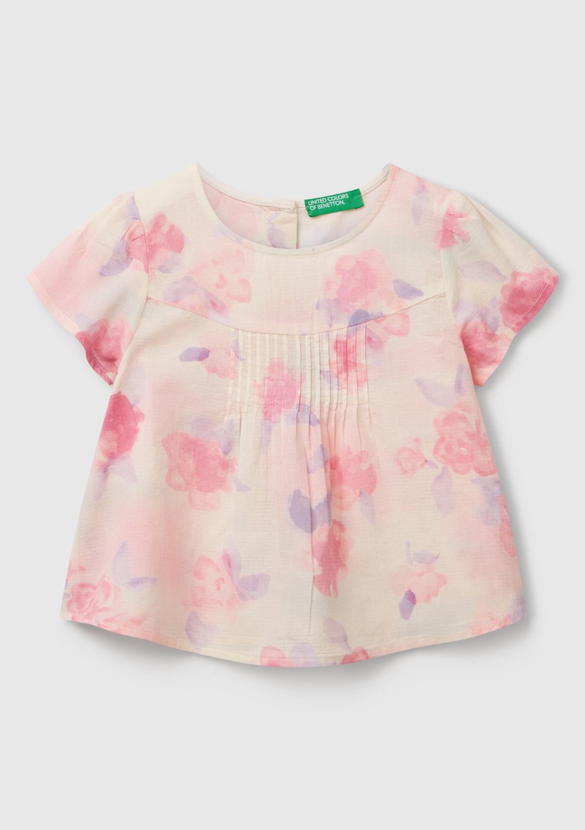  Kız Çocuk Pembe Mix Tamamı Desenli Arkası Düğmeli Pileli Müslin Bluz