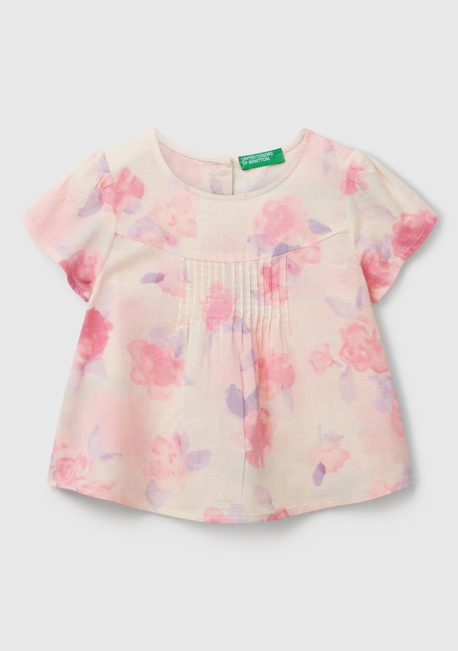  Kız Çocuk Pembe Mix Tamamı Desenli Arkası Düğmeli Pileli Müslin Bluz