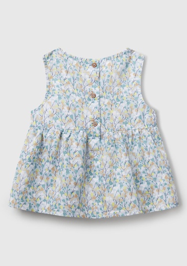  Kız Çocuk Mavi Keten Karışımlı Tamamı Desenli Çiçek Aplikeli Arkası Düğmeli Kolsuz Gömlek